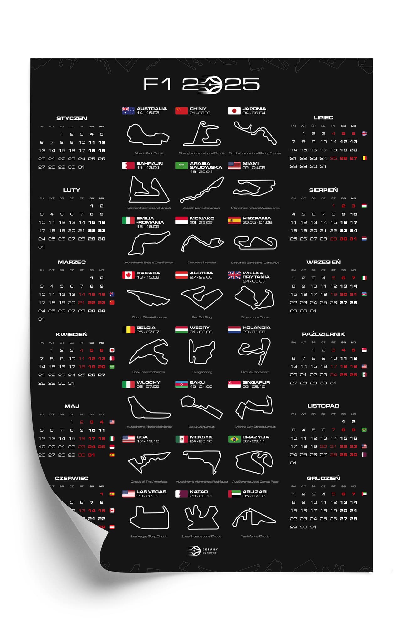 Zdjęcie produktu - Kalendarz Maniaka F1 2025 CIEMNY - Plakat Kalendarz Maniaka F1 2025 CIEMNY 